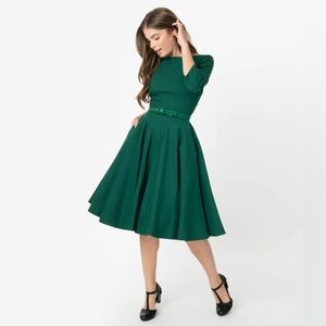 Unique Vintage 1950s Emerald Green Devon Swing Dress